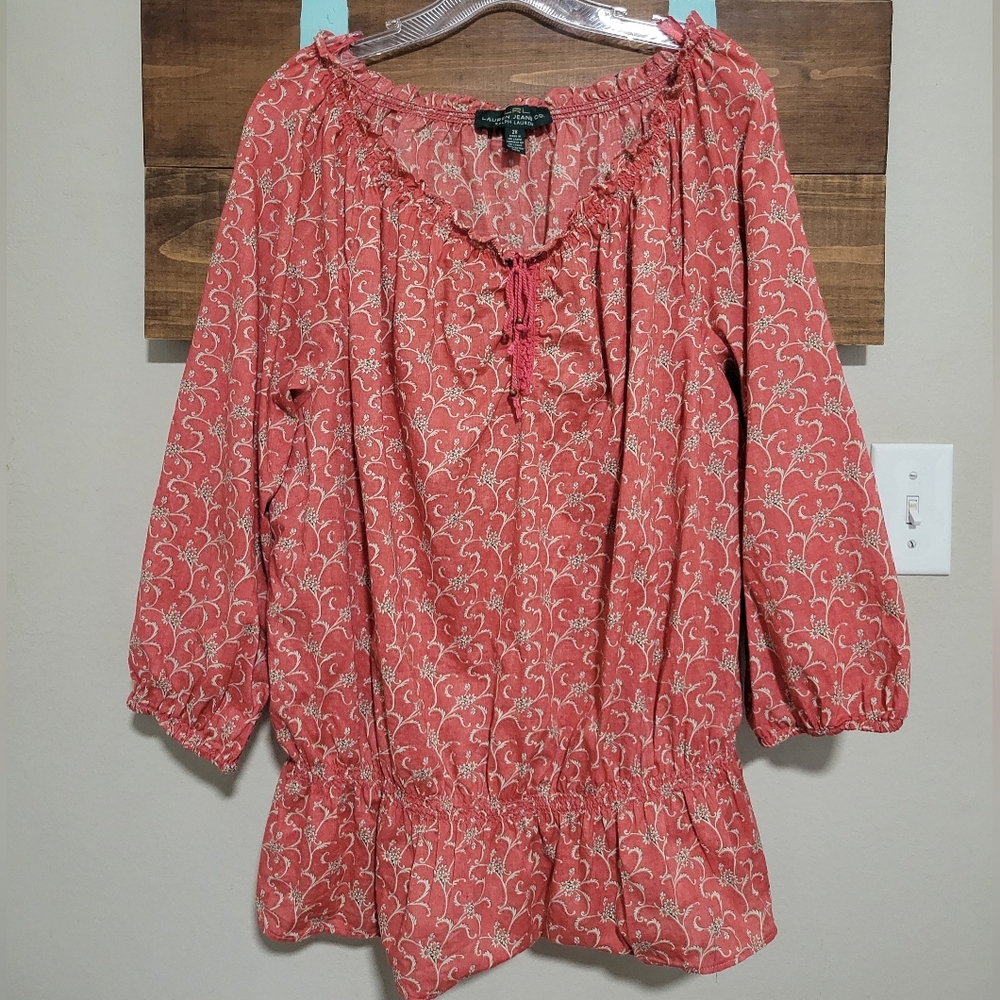 Ralph Lauren Salmon Red Floral Off The Shoulder Peasant Blouse Size 2X